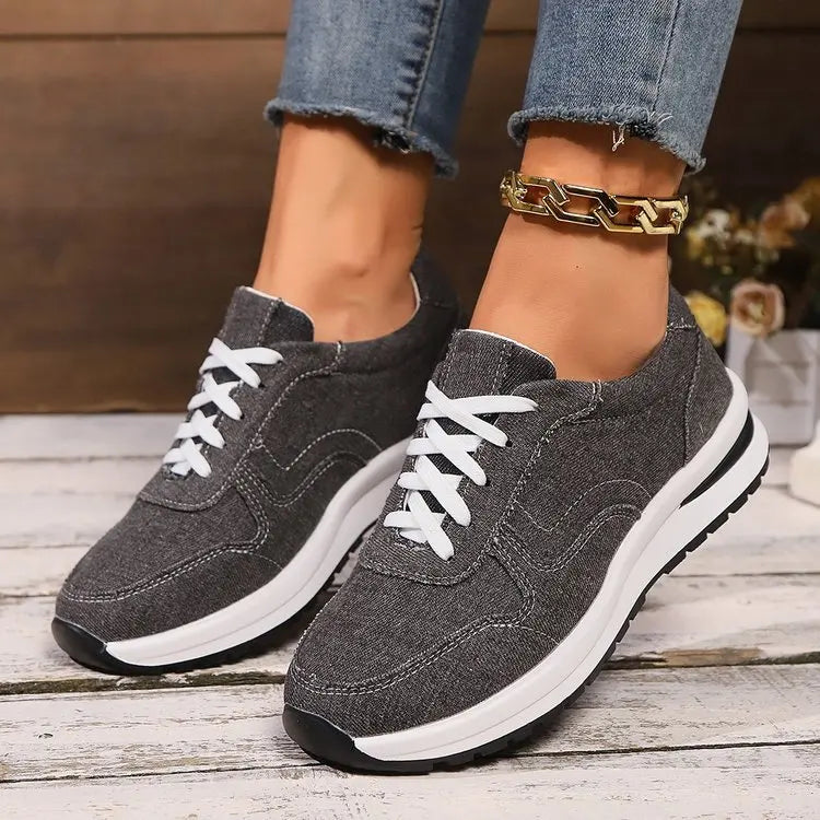 Damen Denim Plateau Sneakers - Lässige Schnür-Freizeitschuhe
