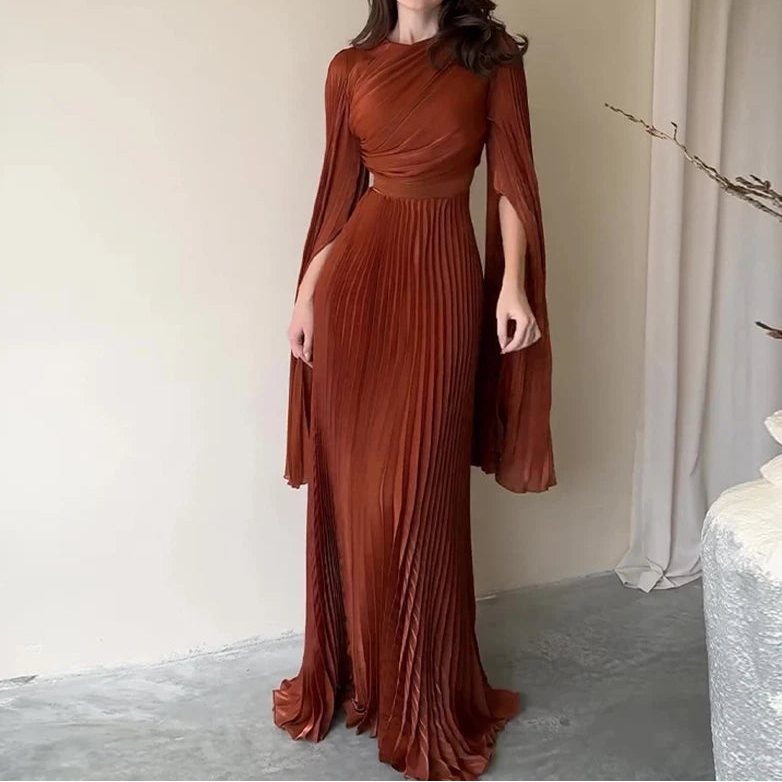 Damen Abendkleid Lang Elegant – Bodenlang Kleid High Waist mit Falten
