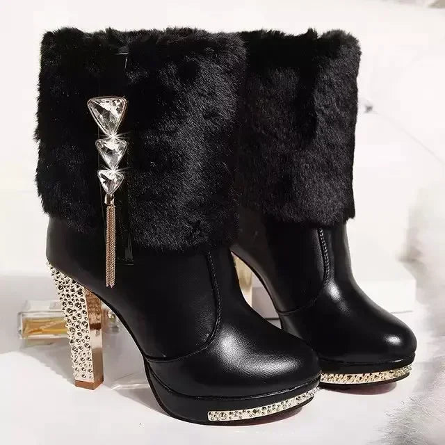 Damen Winter Plateau-Stiefeletten Wasserdicht - Strass High Heels Ankle Boots