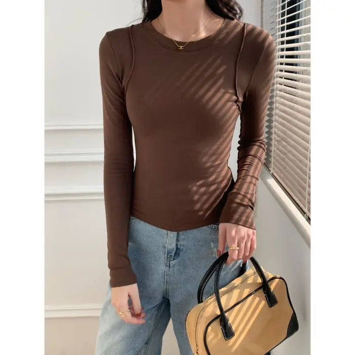 Damen Langarmshirt Gerafft O-Neck – Slim Fit T-Shirt Baumwolle Casual