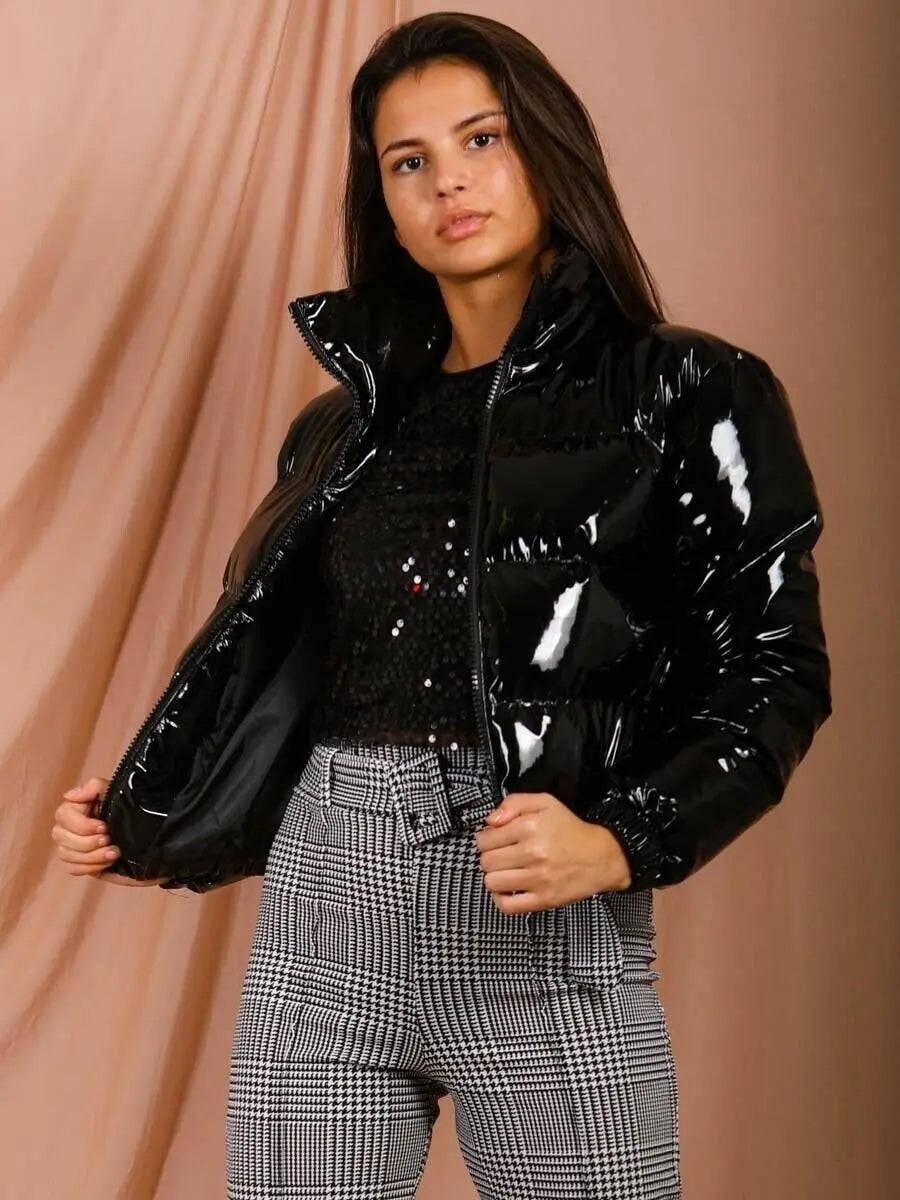 Women's Crop Puffer Jacket – Short Winter Jacket with Zipper, Cotton