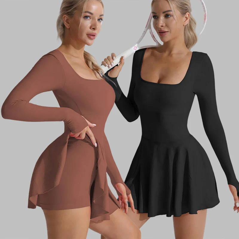 Damen Tennis Set Langarm – Sport Kleid mit Shorts Rückenfrei Sexy