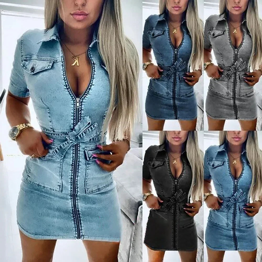 Damen Denim Kleid Mini Kurzarm – Jeans Kleid mit Gürtel Slim Fit