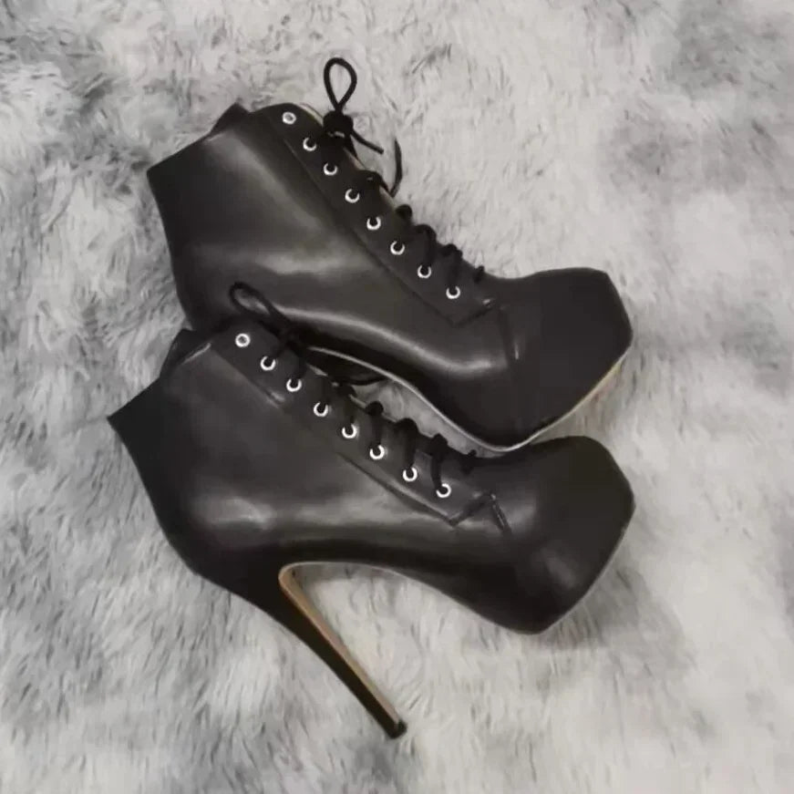 Damen Plateau-Stiefeletten High Heels 14cm - Elegante Schnür-Pumps