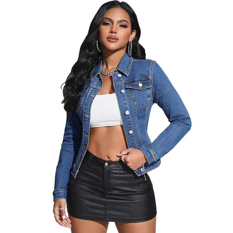 Damen Jeansjacke Blau Langarm – Denim Jacke mit Revers Casual