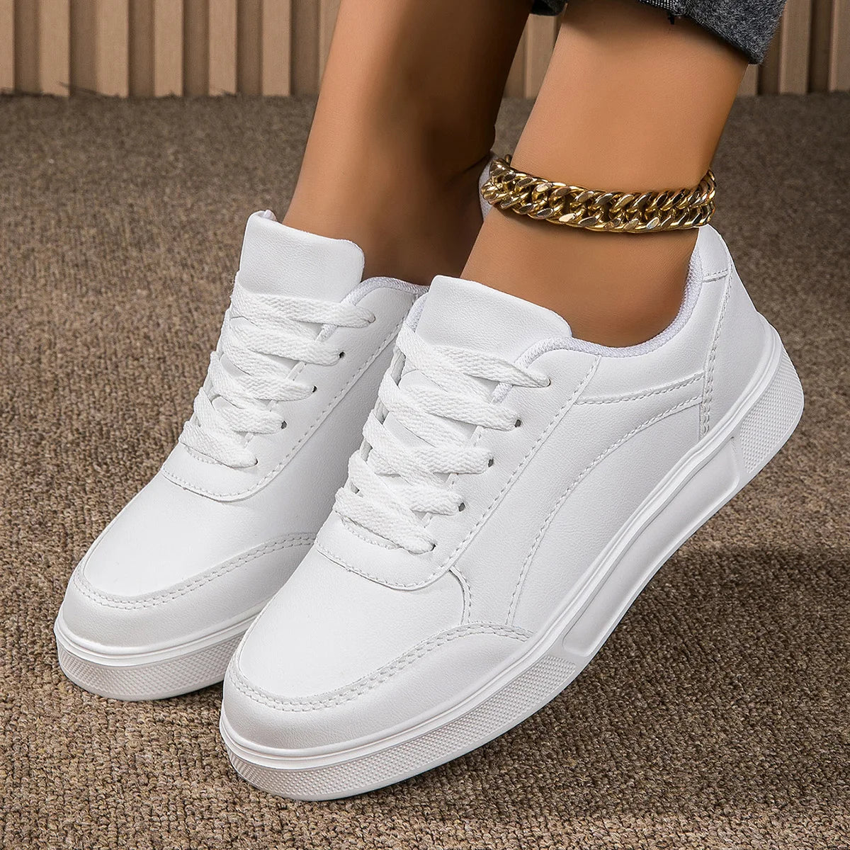 Damen Plateau Sneaker Leder – Casual Skateboard Schuhe rutschfest