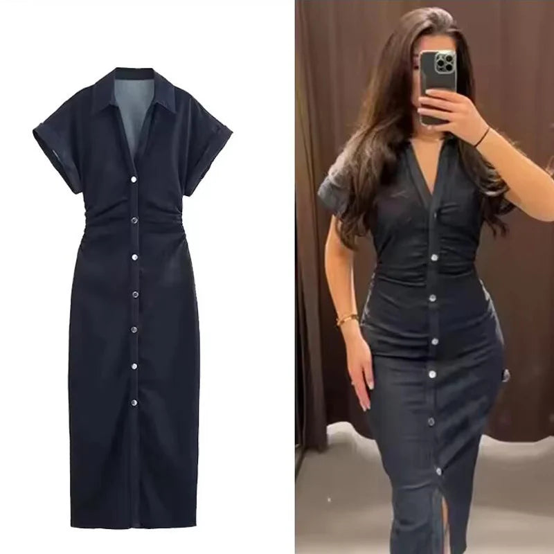 Damen Jeanskleid Midi Kurzarm – Denim Kleid Gerafft Streetwear Casual