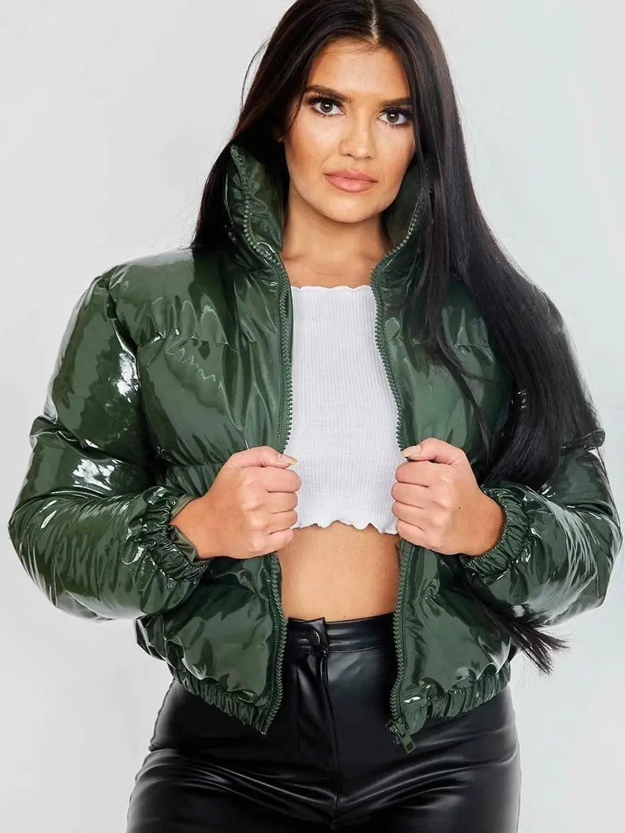 Women's Crop Puffer Jacket – Short Winter Jacket with Zipper, Cotton
