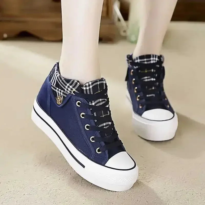 Baskets compensées en toile pour femmes – Chaussures décontractées à semelle épaisse et fermeture à lacets