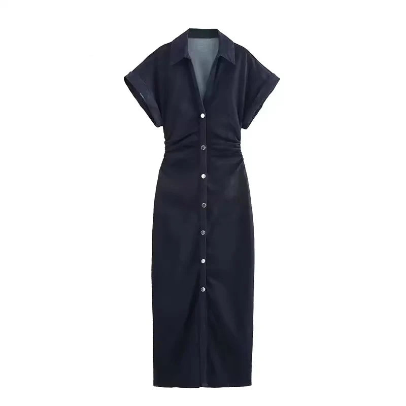 Damen Jeanskleid Midi Kurzarm – Denim Kleid Gerafft Streetwear Casual
