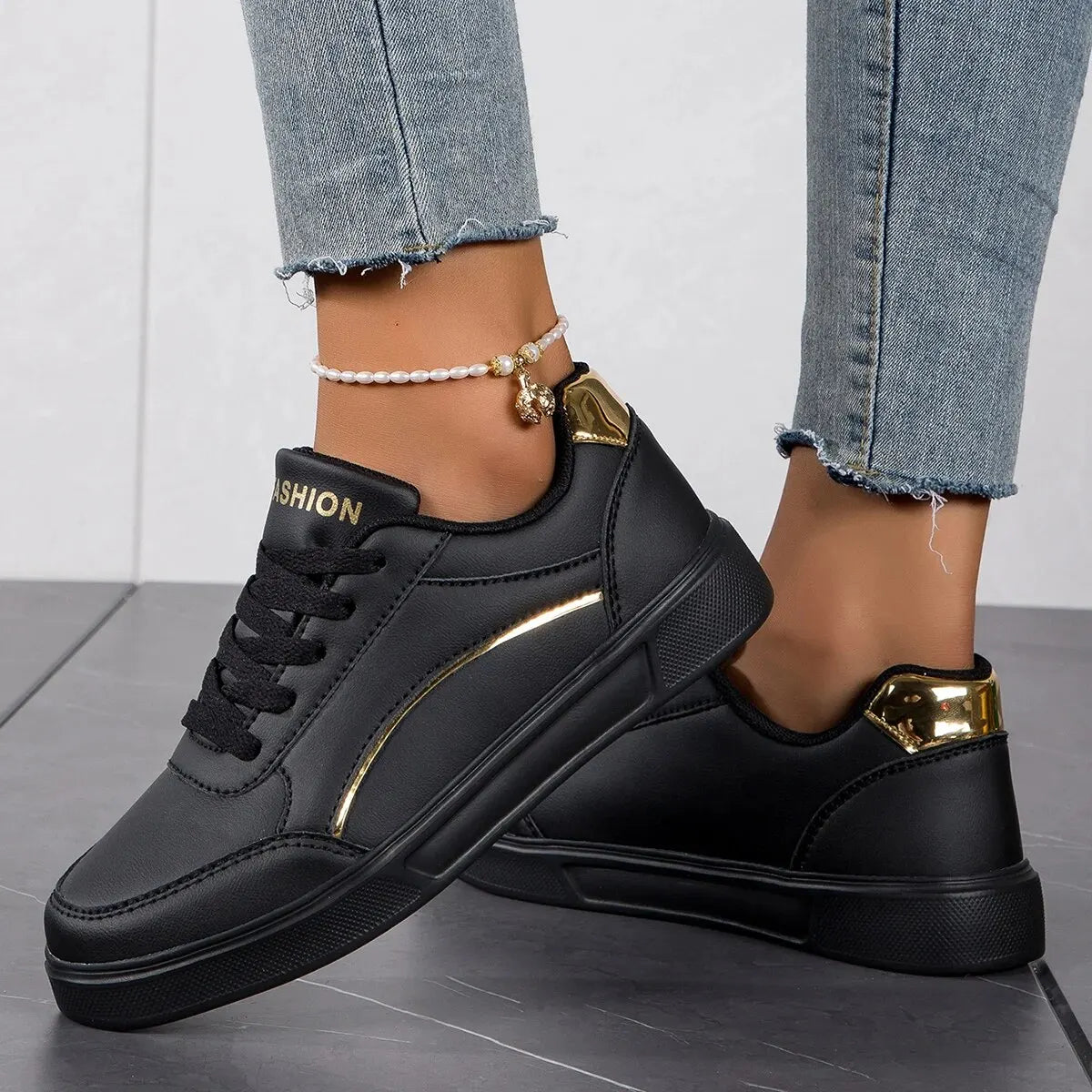 Damen Plateau Sneaker Leder – Casual Skateboard Schuhe rutschfest