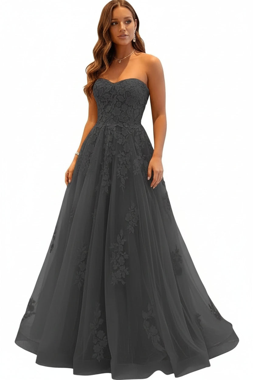 Damen Abendkleid Lang Spitze – Ballkleid A-Linie Tüll mit Schleppe