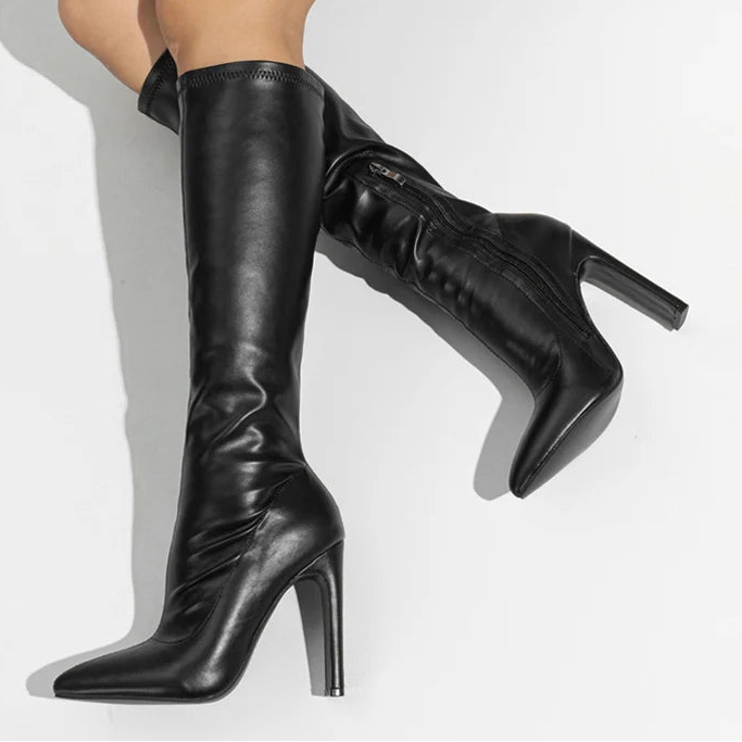 Damen Kniehohe Stiefel Spitz High Heels - Elegante Langschaftstiefel mit Reißverschluss