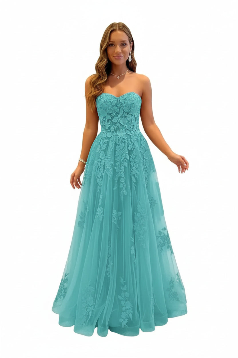 Damen Abendkleid Lang Spitze – Ballkleid A-Linie Tüll mit Schleppe
