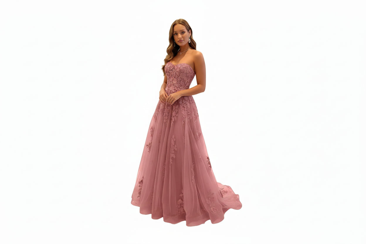 Damen Abendkleid Lang Spitze – Ballkleid A-Linie Tüll mit Schleppe