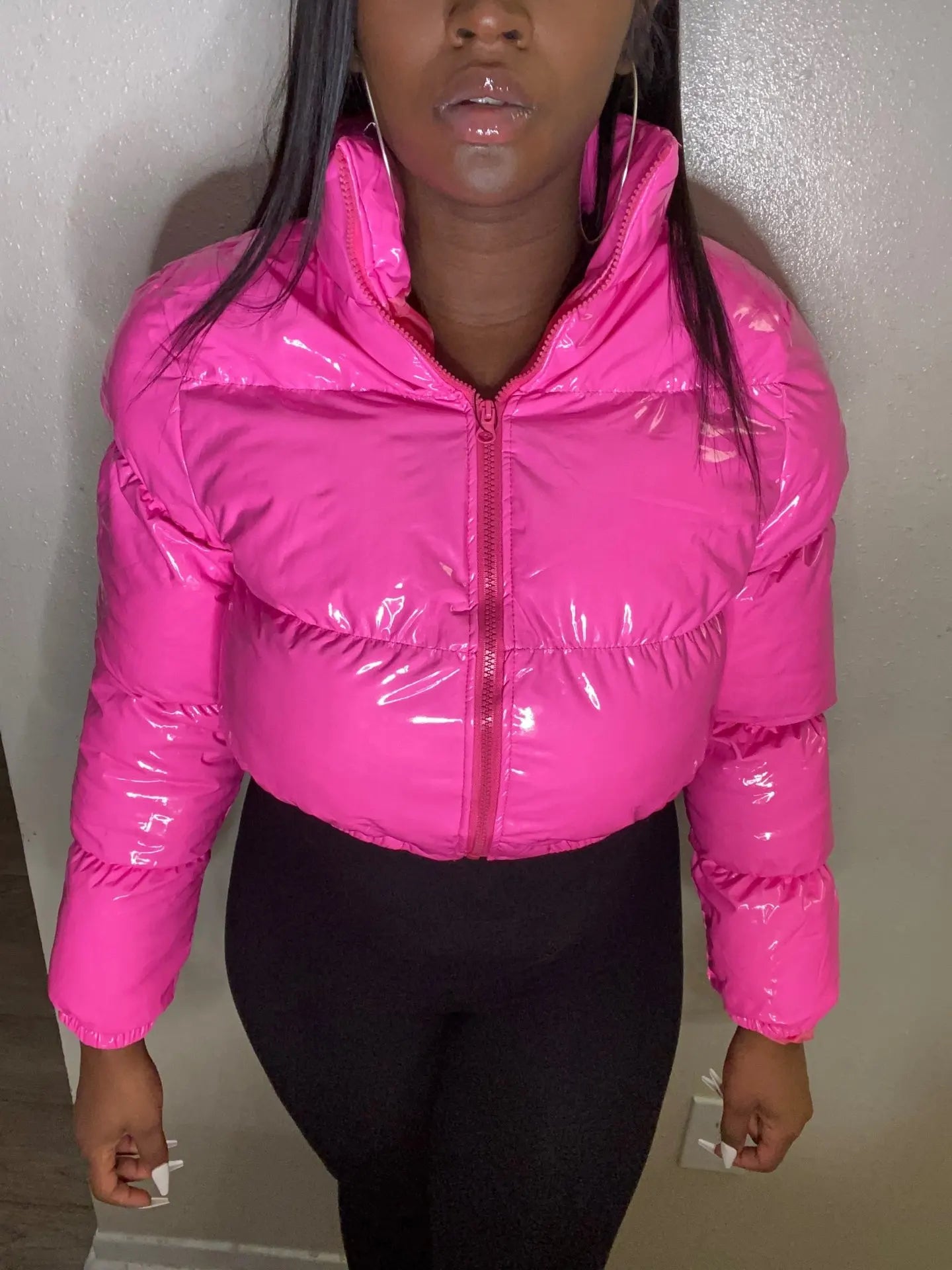 Women's Crop Puffer Jacket – Short Winter Jacket with Zipper, Cotton