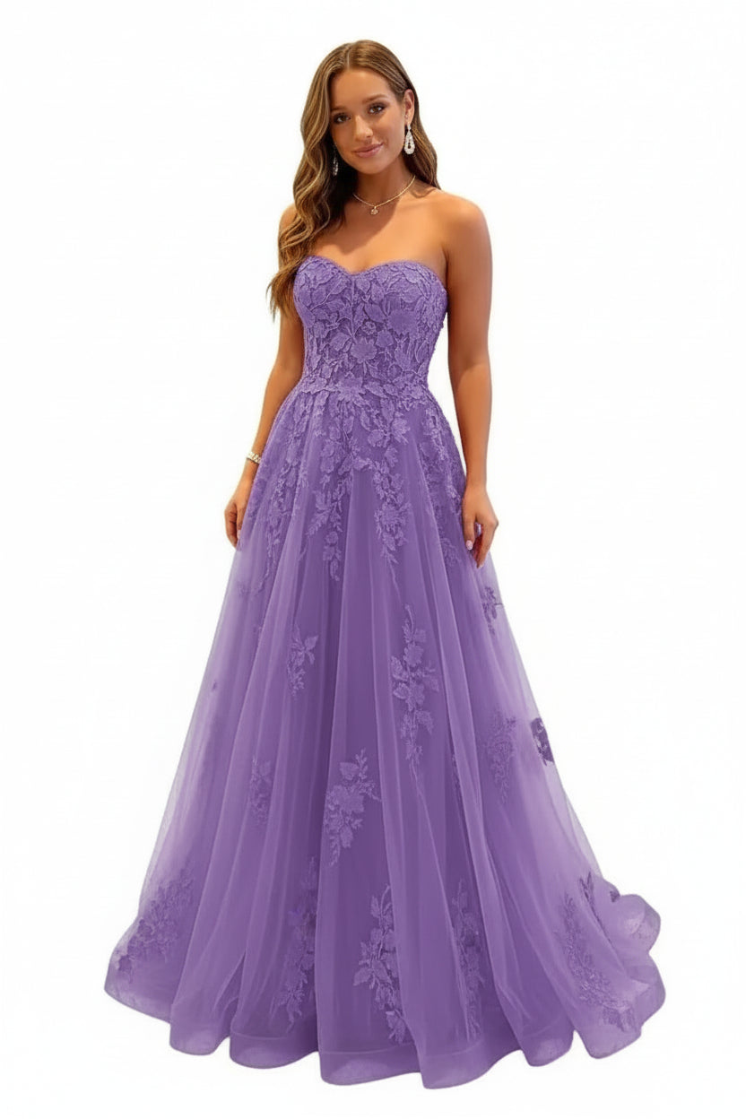 Damen Abendkleid Lang Spitze – Ballkleid A-Linie Tüll mit Schleppe